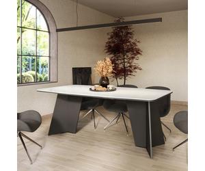 Furneo Monza, White Marble Effect, Modern Extending Dining Table, 156Cm To 206Cm