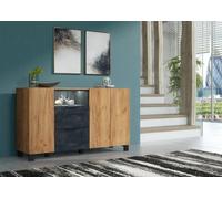Furneo Sideboard Oak & Black Concrete Effect Cabinet Cupboard Unit White Led Lights Enzo 06