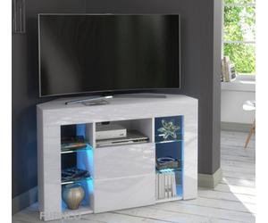 Furneo Venico 02 White Corner Tv Stand 100Cm Matt & High Gloss Blue Led Lights