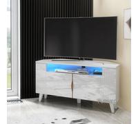 Furneo White Corner Tv Stand 100Cm Unit Cabinet Matt & High Gloss Azzurro 06 Brushed Gold Handles Blue Led Lights