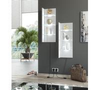 Furneo White Floating Display Cabinet Wall Unit Shelf High Gloss & Matt Clifton 09 White Led Lights