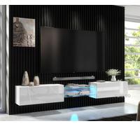 Furneo White Floating Tv Cabinet 230Cm Wall Unit Modern High Gloss &matt Art 02 Blue Led Lights