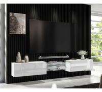 Furneo White Floating Tv Cabinet 230Cm Wall Unit Modern High Gloss &matt Art 02 White Led Lights