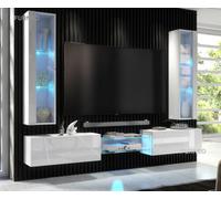 Furneo White Floating Tv Unit High Gloss Matt Living Room Set Display Cabinets Art 01/02 Blue Led Lights