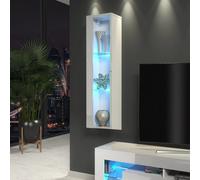 Furneo White Glass Floating Display Cabinet Tall Wall Unit Art 01 Blue Led Lights