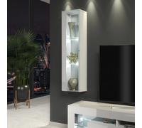 Furneo White Glass Floating Display Cabinet Tall Wall Unit Art 01 White Led Lights