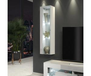 Furneo White Glass Floating Display Cabinet Tall Wall Unit Art 01 White Led Lights