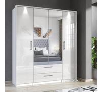 Furneo White Mirrored Wardrobe High Gloss Matt Modern 4-Door 2-Drawer Bedroom Storage With Led Lights Infinity