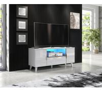 Furneo White Tv Stand 120Cm Unit Cabinet Matt & High Gloss Azzurro 08 Brushed Gold Handles Blue Led Lights
