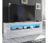 Furneo White Tv Stand 145Cm Unit Cabinet Matt & High Gloss Clifton 13 Blue Led Lights