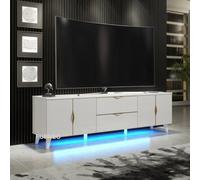 Furneo White Tv Stand 180Cm Unit Cabinet Matt & High Gloss Azzurro 10 Brushed Gold Handles With Blue Led Lights