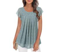 Furnex Women's Short Sleeve Tunic Shirt Pleated Mesh Blouses Summer Floral Tops, Blue Gray, Medium