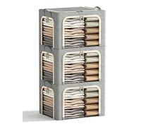 Furnhome 3-Pack Modern Light Grey 40L Linen Clothes Storage Bins with Metal Frame, Foldable, Stackable, Clear Window, 16.53 x 12.6 x 11.8 inches