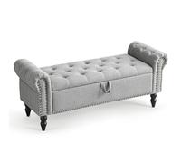 Furniliving 51” Modern Grey Linen Wood Leg Storage Bench, 2 Seater, End of Bed Bench with Button-Tufted Large Upholstered Ottoman, for Bedroom, Entryway, Closet
