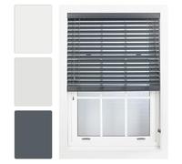 FURNISHED Dark Grey Faux Wood Venetian Blinds 50mm Easy Fit Trimmable Child Safe Home Office Window Blinds, 155cm x 150cm