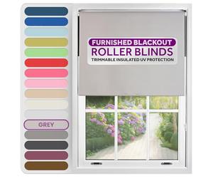 FURNISHED Roller Blinds Thermal Blackout Roller Blind - Trimmable Insulated UV Protection Child Safe Easy Fit Home Office Window Blinds, Grey, 75 cm Wide x 165 cm Long