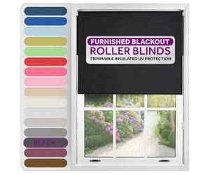 FURNISHED Roller Blinds Thermal Blackout Roller Blind - Trimmable Insulated UV Protection Child Safe Easy Fit Home Office Window Blinds, Black, 70 cm Wide x 210 cm Long