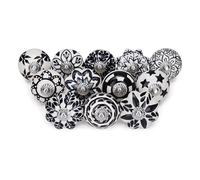FURNISHFUL FINESSE Black & White Ceramic Cabinet Knobs (Pack of 12), Assorted Hand-Painted Dresser Drawer Pulls, Vintage Boho Handles for Wardrobes & Cupboards