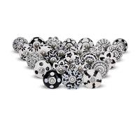 FURNISHFUL FINESSE Black & White Ceramic Cabinet Knobs (Pack of 25), Assorted Hand-Painted Dresser Drawer Pulls, Vintage Boho Handles for Wardrobes & Cupboards
