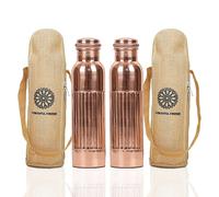 FURNISHFUL FINESSE Copper Water Bottle For Drinking More Water Copper Bottles 1000 ml Alkaline Vessel With Carrying Bag For Sports, Yoga, Gym,Office,Hiking (Pack of 2, Natural Lining Bottle)