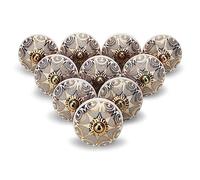 FURNISHFUL FINESSE Grey Ceramic Cabinet Knobs (Pack of 20), Handmade Dresser Drawer Pulls with Gold Trim, Vintage Boho Handles for Wardrobes & Cupboards