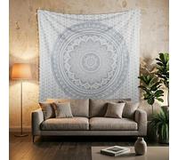FURNISHFUL FINESSE Handmade Indian Wall Tapestry, Cotton Mandala Wall Hanging, Boho Wall Art Tapestry for Bedroom, Psychedelic Trippy Hippie Room Decor, 76x102 CM (30x40 Inch), White Silver