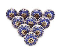 FURNISHFUL FINESSE Navy Blue Ceramic Cabinet Knobs (Pack of 6), Handmade Dresser Drawer Pulls with Gold Trim, Vintage Boho Handles for Wardrobes & Cupboards