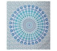 FURNISHFUL FINESSE Peacock Mandala Tapestry for Bedroom Indian Aesthetic Bohemian Wall Hangings Tapestries Hippie Tapestry Psychedelic Room Decor Bedspread Meditation Yoga Mat - 213x228 CM, Sky Blue