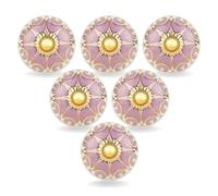 FURNISHFUL FINESSE Pink Lavender Ceramic Cabinet Knobs (Pack of 4), Handmade Dresser Drawer Pulls with Gold Trim, Vintage Boho Handles for Wardrobes & Cupboards