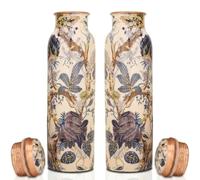 FURNISHFUL FINESSE Pure Copper Water Bottle, 34 Oz Handcrafted White Floral Botanical Printed Drinking Bottles, Leakproof, Seamless Ayurvedic Copper Vessels for Yoga, Gym & Office- Pack of 2,
