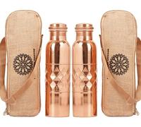 FURNISHFUL FINESSE Pure Natural Diamond Copper Water Drinking Bottle with Lid and Carry Bag 34oz/1000 ml Leak Proof Vessel Bottle for Ayurveda Health Benefits Office and Travel- Pack of 2