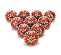 FURNISHFUL FINESSE Red Ceramic Cabinet Knobs (Pack of 10), Handmade Dresser Drawer Pulls with Gold Trim, Vintage Boho Handles for Wardrobes & Cupboards