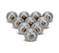FURNISHFUL FINESSE Turquoise Ceramic Cabinet Knobs (Pack of 4), Handmade Dresser Drawer Pulls with Gold Trim, Vintage Boho Handles for Wardrobes & Cupboards