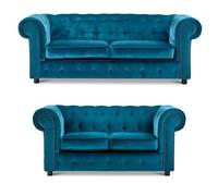 Furnishings For Less Ashbourne Chesterfield Plush Velvet Fabric Sofa Suite - Indigo
