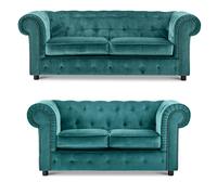 Furnishings For Less Ashbourne Chesterfield Plush Velvet Fabric Sofa Suite - Teal