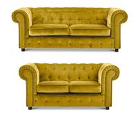 Furnishings For Less Ashbourne Chesterfield Plush Velvet Fabric Sofa Suite - Tumeric
