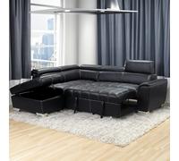Furnishings For Less Nevada Black Leather Corner Sofa Bed Tilting Headrest + Storage Ottoman - Left Hand Facing + Footstool