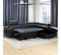 Furnishings For Less Nevada Black Leather Corner Sofa Bed Tilting Headrest + Storage Ottoman - Right Hand Facing + Footstool