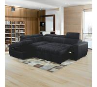 Furnishings For Less Nevada Black Suede Corner Sofa Bed Tilting Headrest + Storage Ottoman - Left Hand Facing + Footstool