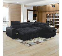 Furnishings For Less Nevada Black Suede Corner Sofa Bed Tilting Headrest + Storage Ottoman - Right Hand Facing + Footstool