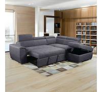 Furnishings For Less Nevada Grey Suede Corner Sofa Bed Tilting Headrest + Storage Ottoman - Left Hand Facing + Footstool