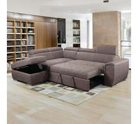 Furnishings For Less Nevada Mushroom Suede Corner Sofa Bed Tilting Headrest + Storage Ottoman - Left Hand Facing + Footstool