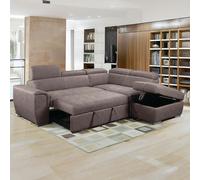 Furnishings For Less Nevada Mushroom Suede Corner Sofa Bed Tilting Headrest + Storage Ottoman - Right Hand Facing + Footstool
