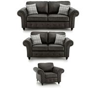 Furnishings For Less Oakland Chesterfield Leather 3 Piece Sofa Suite - Charcoal Grey