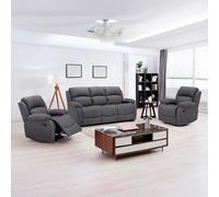 Furnishings For Less UK Alaska Grey Suede Fabric 3 Piece Sofa Suite Manual Reclining Armchairs + Static 3 Seater Seater Sofa High Back Furnishings For Less UK Grey