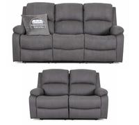 Furnishings For Less UK Alaska Grey Suede Fabric Sofa Suite Manual Reclining Sofa Set 3 + 2 Seater Sofas High Back