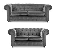 Furnishings For Less UK Ashbourne Chesterfield Grey Velvet Fabric Sofa Suite 3 Seater And 2 Seater Studded Design