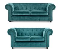 Furnishings For Less UK Ashbourne Chesterfield Teal Velvet Fabric Sofa Suite 3 Seater And 2 Seater Studded Design