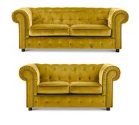 Furnishings For Less UK Ashbourne Chesterfield Tumeric Velvet Fabric Sofa Suite 3 Seater And 2 Seater Studded Design