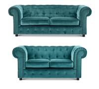 Furnishings For Less UK Ashbourne Chesterfield Velvet Fabric Sofa Suite 3 Seater & 2 Seater Studded Design in Teal Furnishings For Less UK Teal